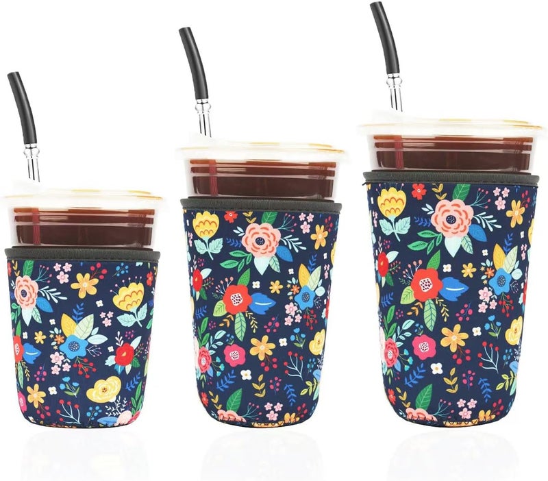Haevola Reusable 3-Pack Iced Coffee Cup Sleeve, Insulated Neoprene, Beverage Holder for Iced Coffee, Durable Drink Sleeve for Cold Beverages, Lunar Garden - Image 1